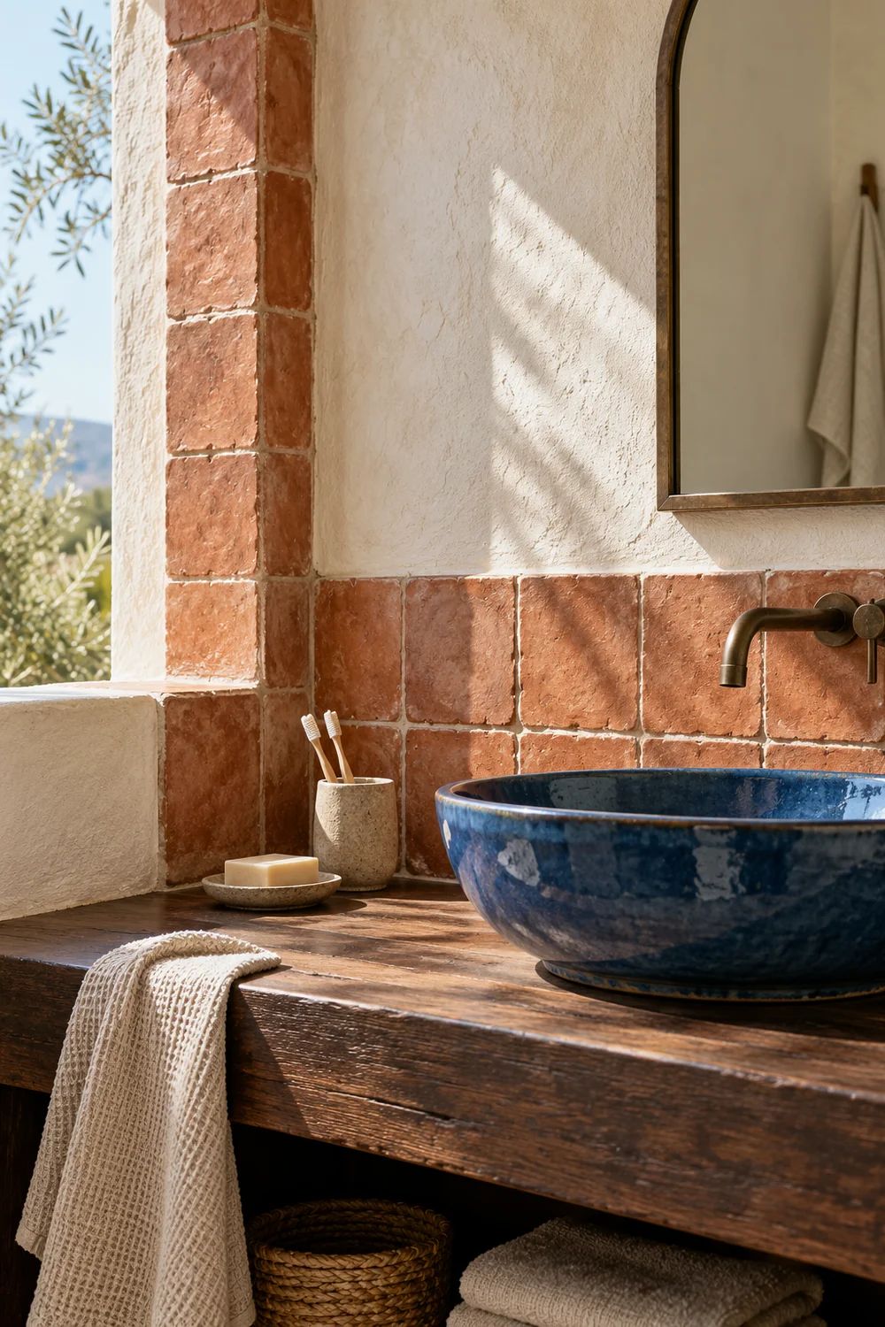 Blue ceramic basin beside terracotta tiles and a limewashed wall