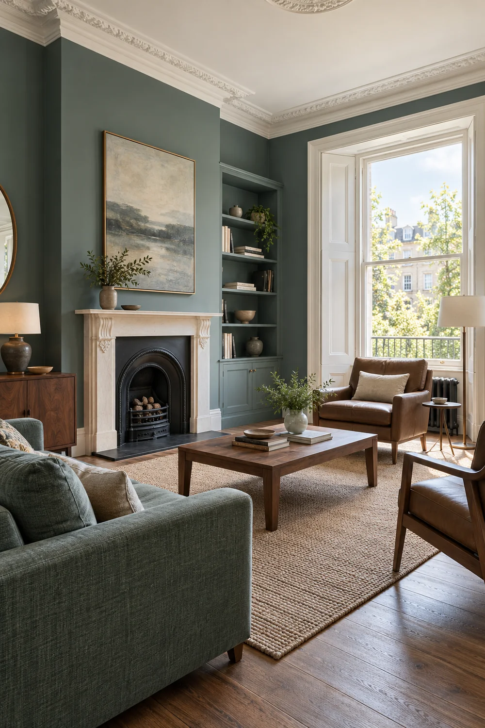 Blue green living room with a fireplace and walnut coffee table