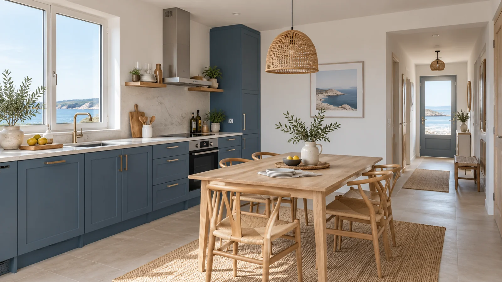 Blue kitchen cabinets and an ash dining table beside an entrance corridor