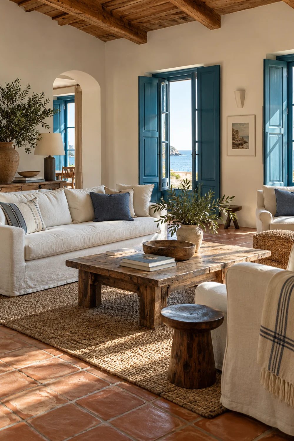 Blue shutters and terracotta floor around a coastal sitting room