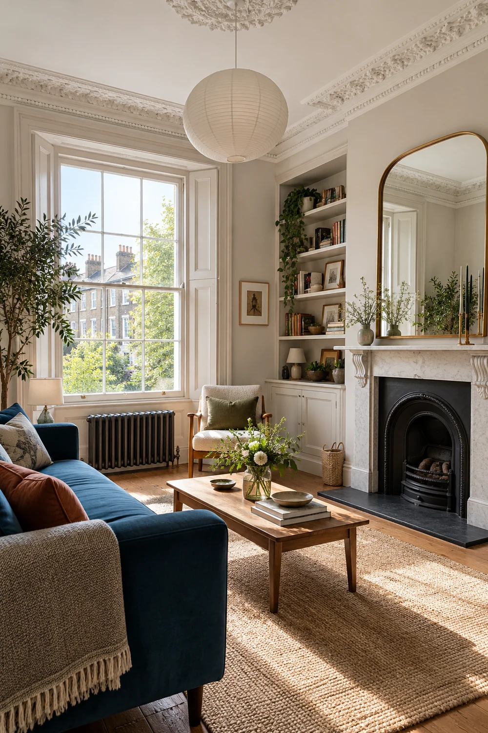 Blue sofa and original fireplace beside a tall sash window