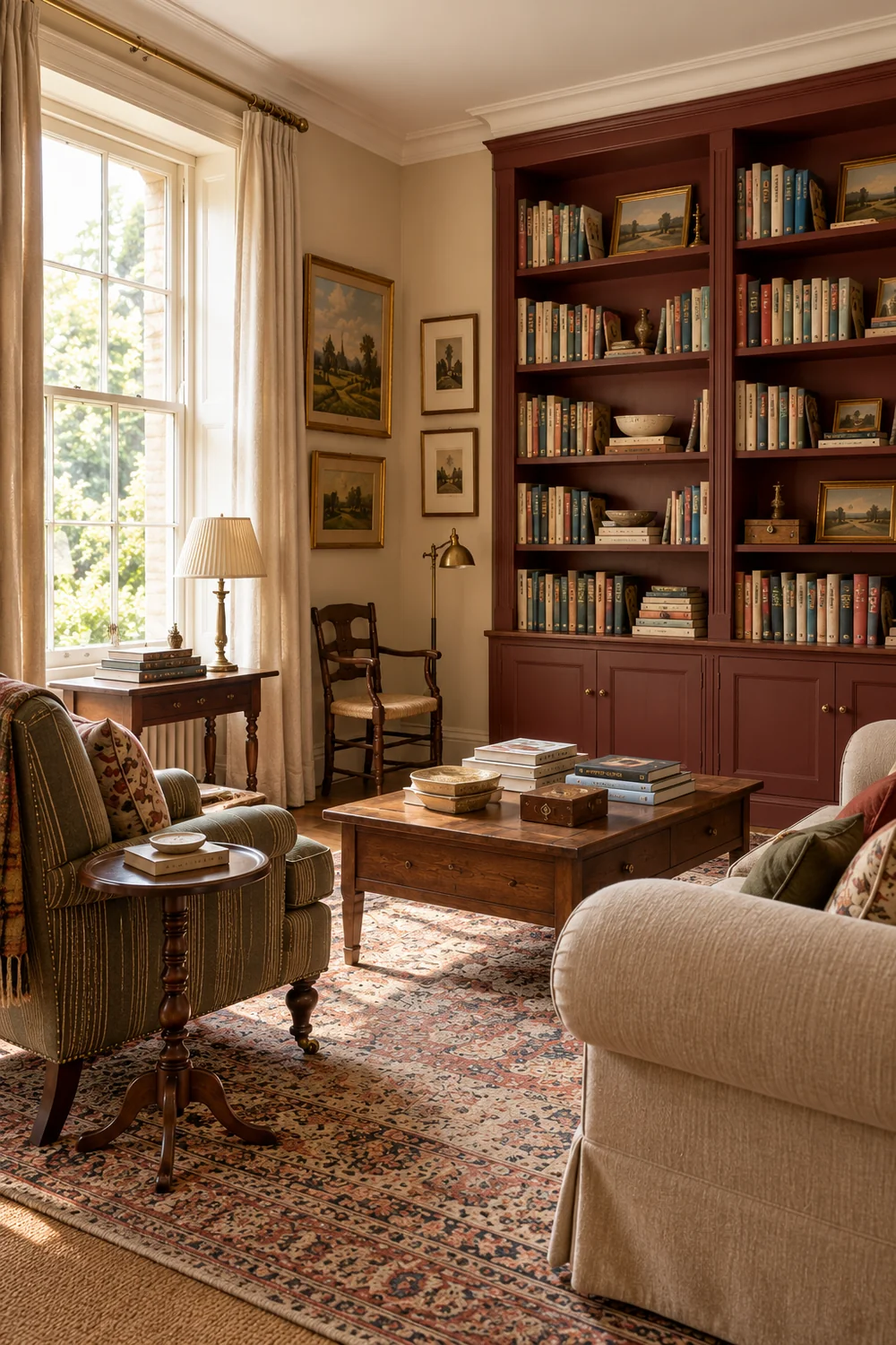 Bookshelves on a solid wall beside a bright sash window and linen curtains