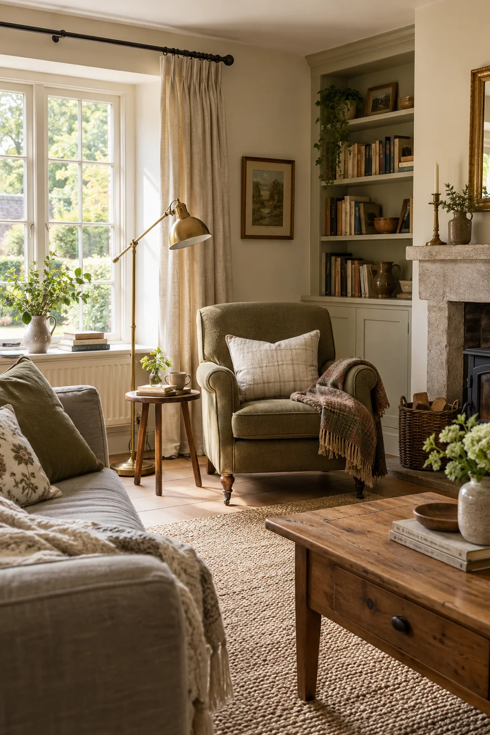 Brass reading lamp beside a cottage chair and wooden table
