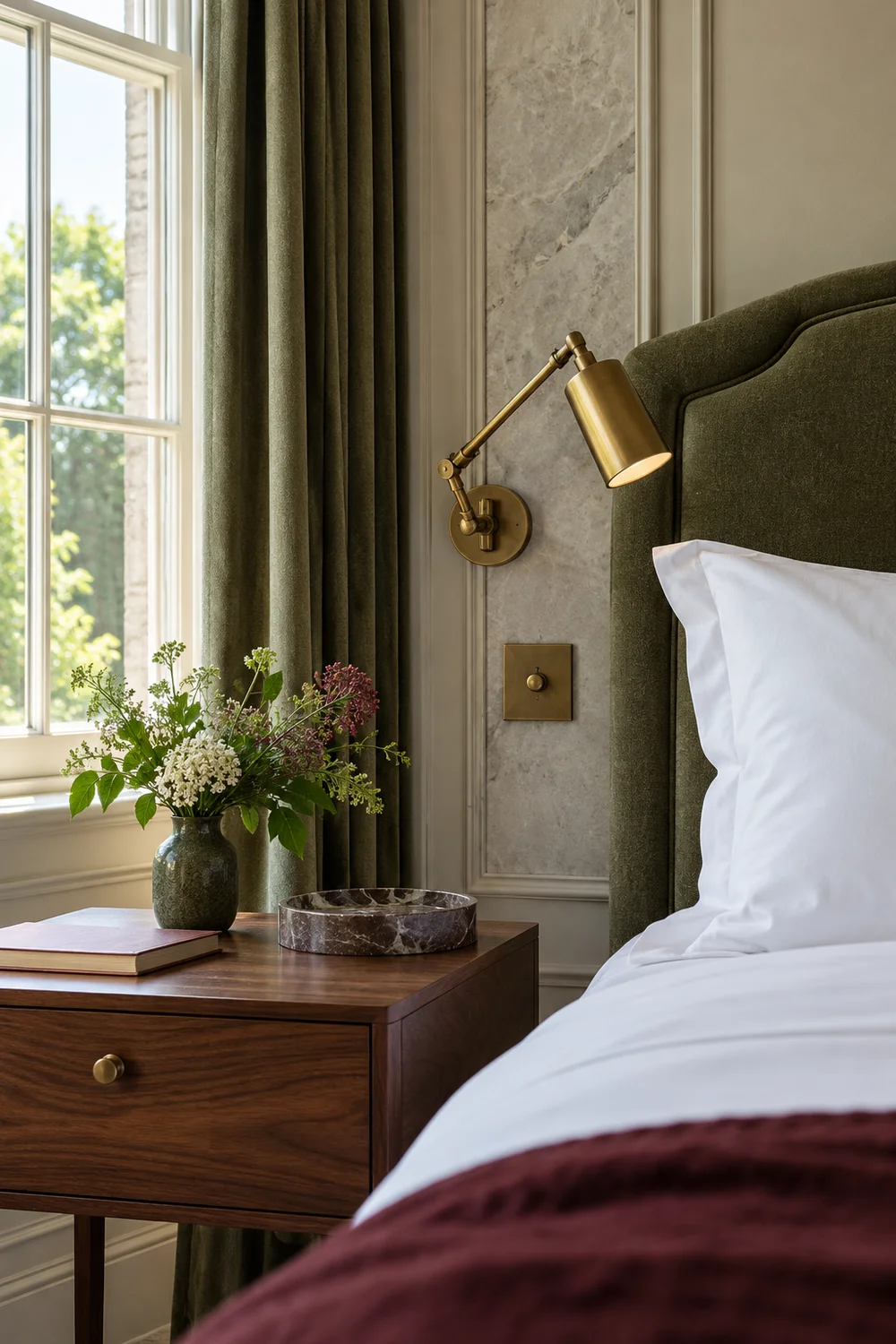 Brass reading lamp beside a cream hotel pillow and walnut table