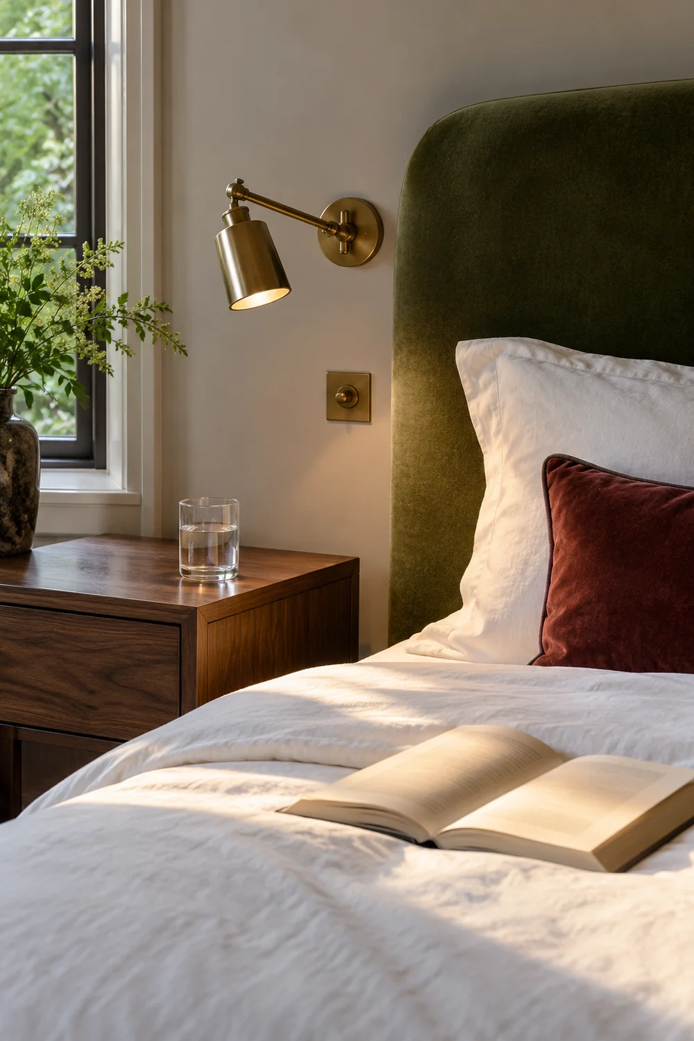 Brass reading light and clear walnut bedside surface in a hotel bedroom