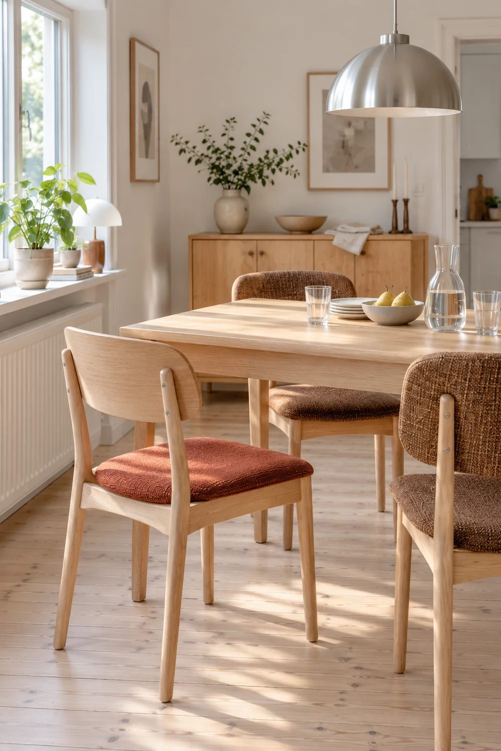 Brick red padded beech chair and tobacco dining chairs in a reset Scandinavian room