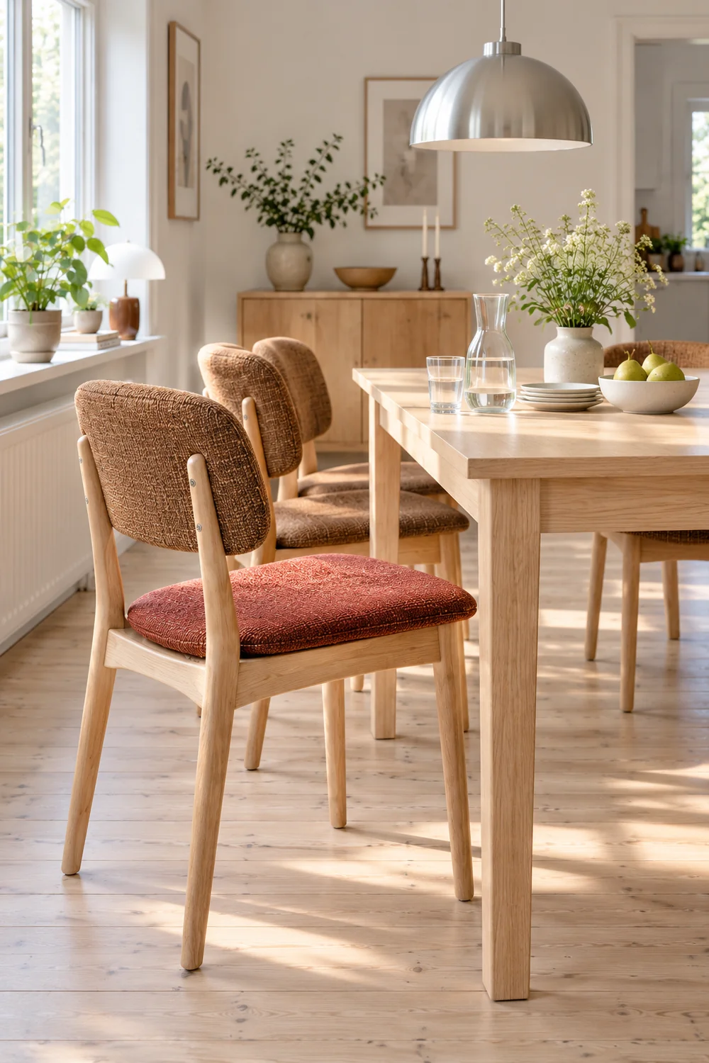 Brick red seat pad on a beech chair beside tobacco dining chairs and a pale table