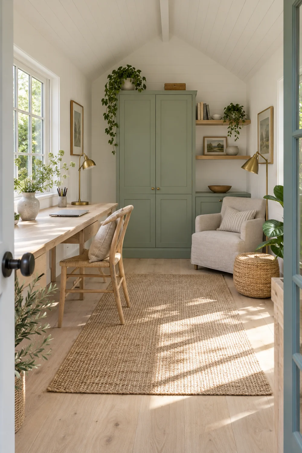Bright garden office with oak desk sage cabinet and open floor