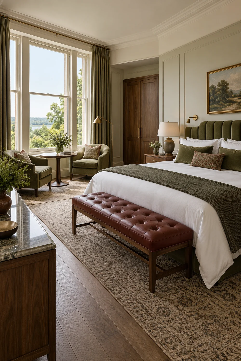 Bright hotel bedroom with a clear route between bed and sitting area