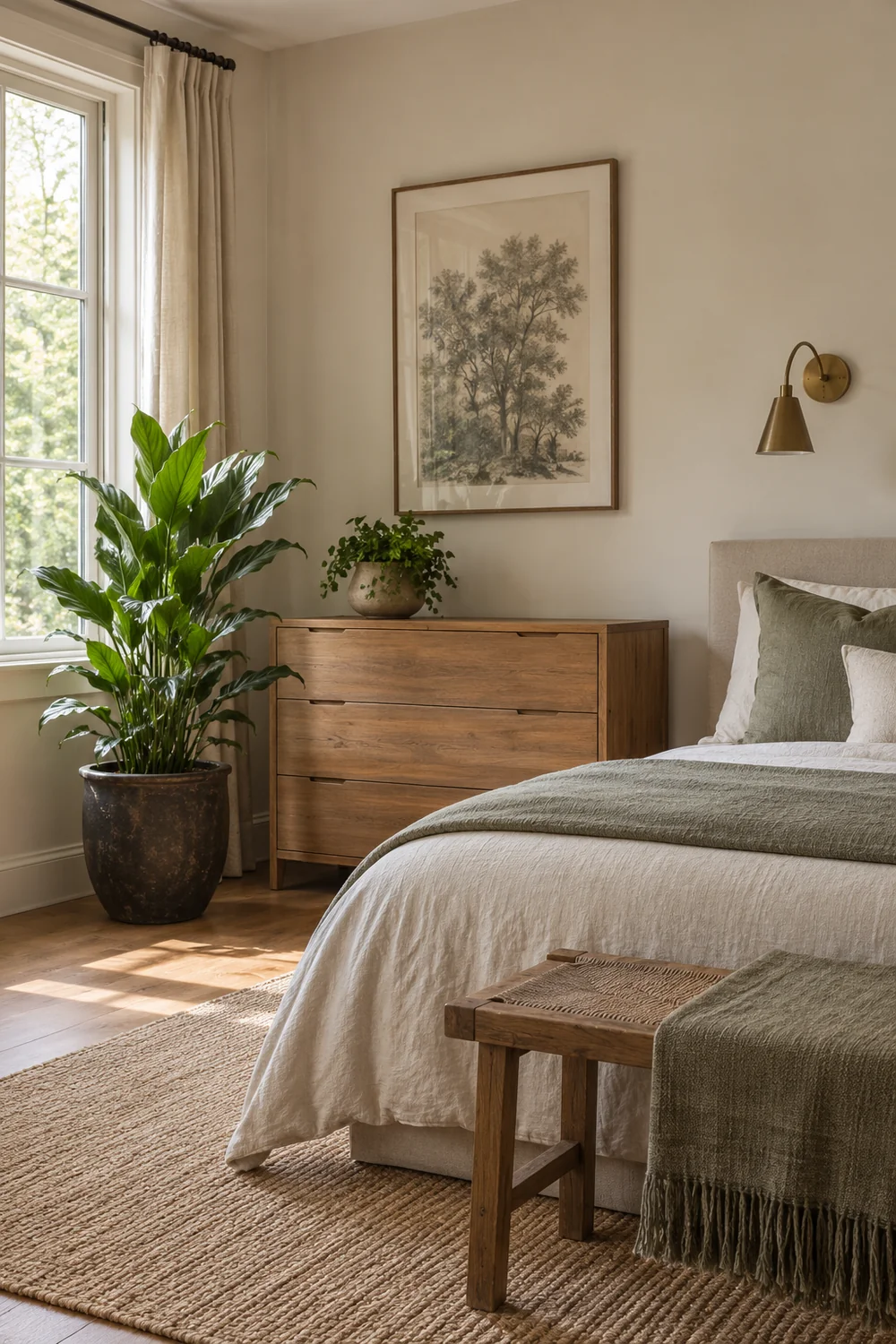 Broad leaf floor plant beside a timber chest and pale bedroom curtains