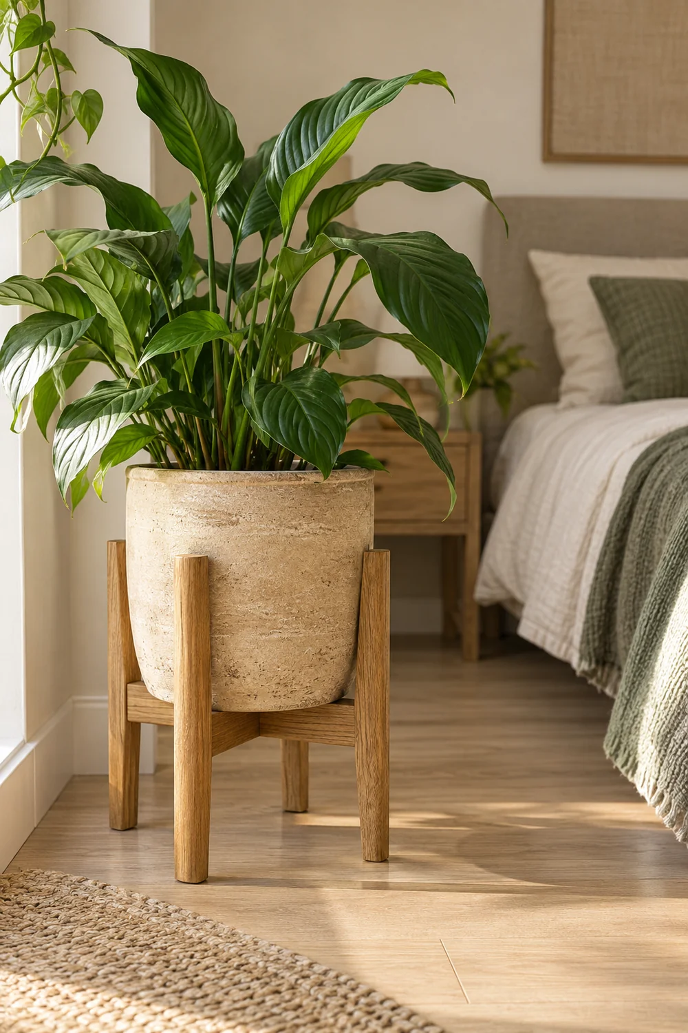 Broad leaf plant in a pale pot fully supported by a low timber stand beside a bed