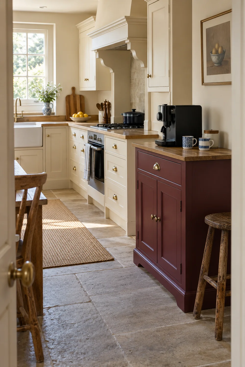 Burgundy coffee cabinet and cream kitchen cupboards beside a clear stone floor