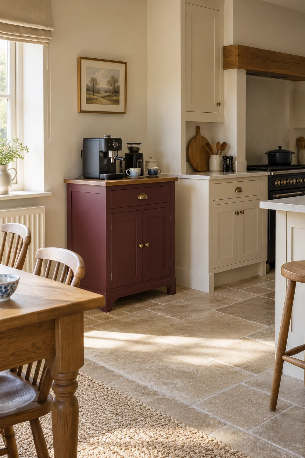 Burgundy coffee cabinet beside cream cupboards and an open kitchen floor