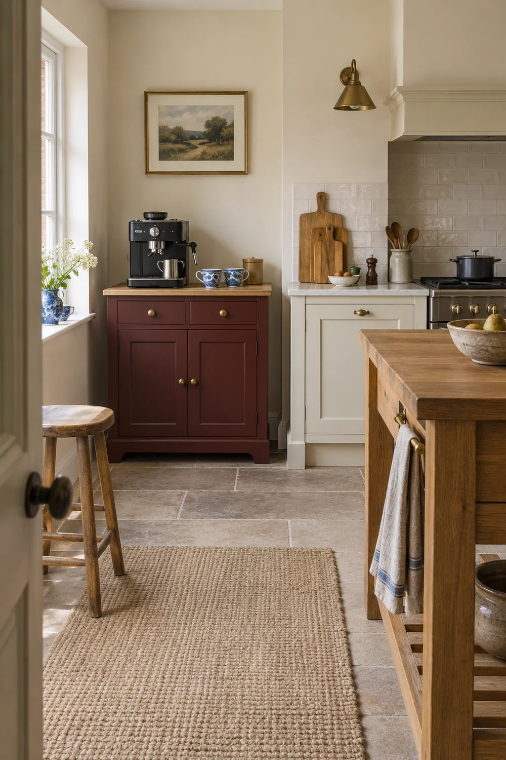 Burgundy coffee cabinet with two blue and white cups beside cream kitchen cabinetry