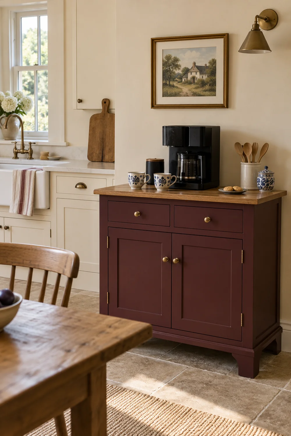 Burgundy freestanding coffee cabinet with an oak top and two patterned cups