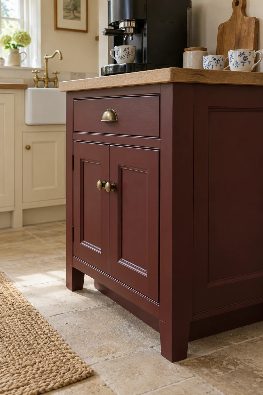 Burgundy kitchen cabinet legs and panel joints beneath an oak coffee surface