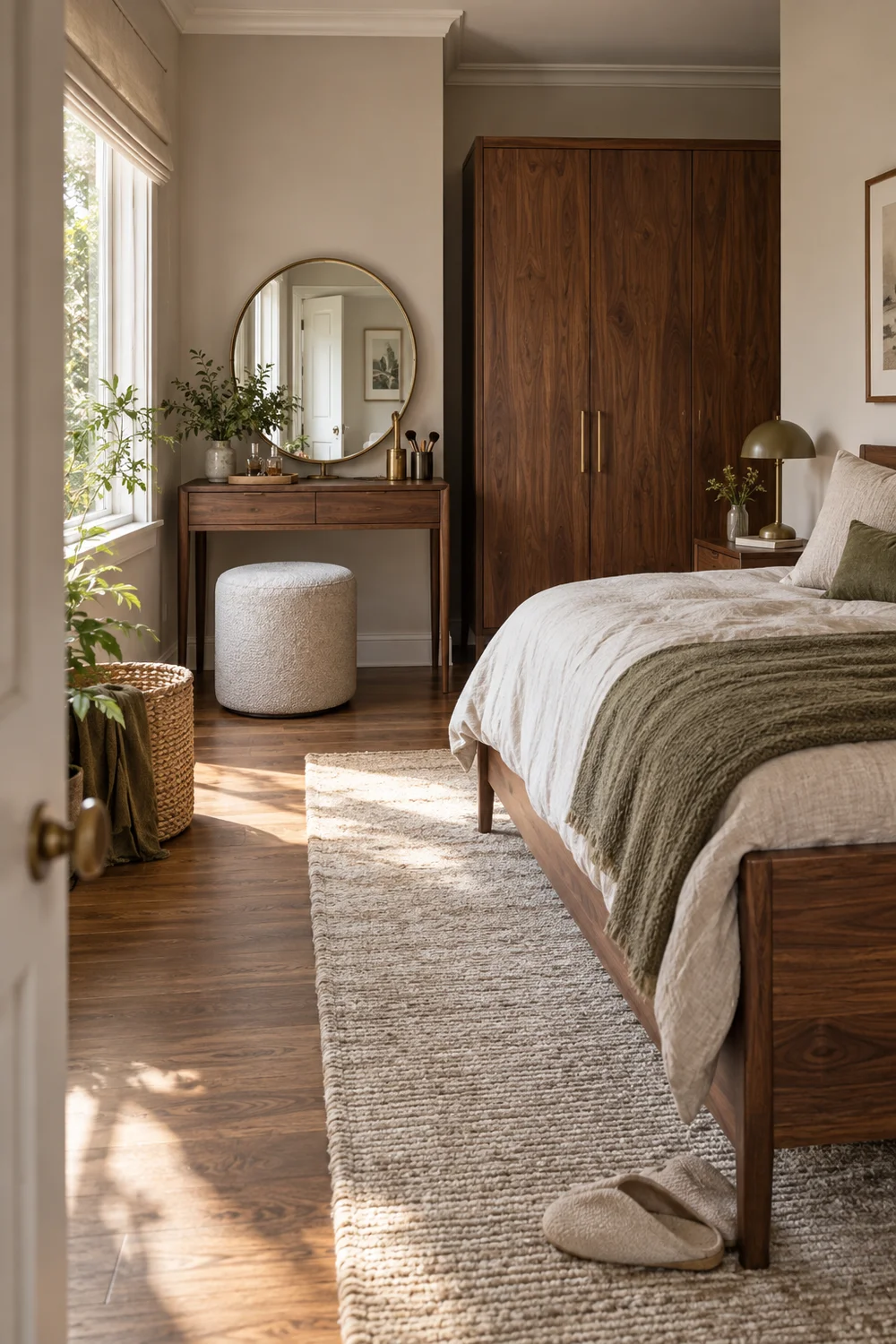 Calm bedroom corner after daily vanity objects are put away