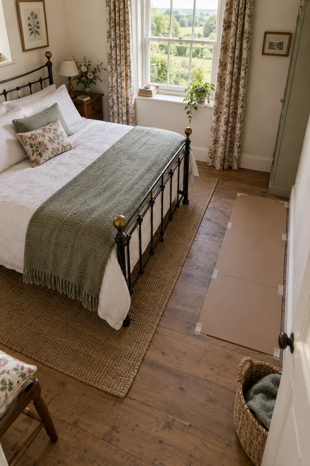Cardboard furniture footprint beside an iron bed in a compact guest room