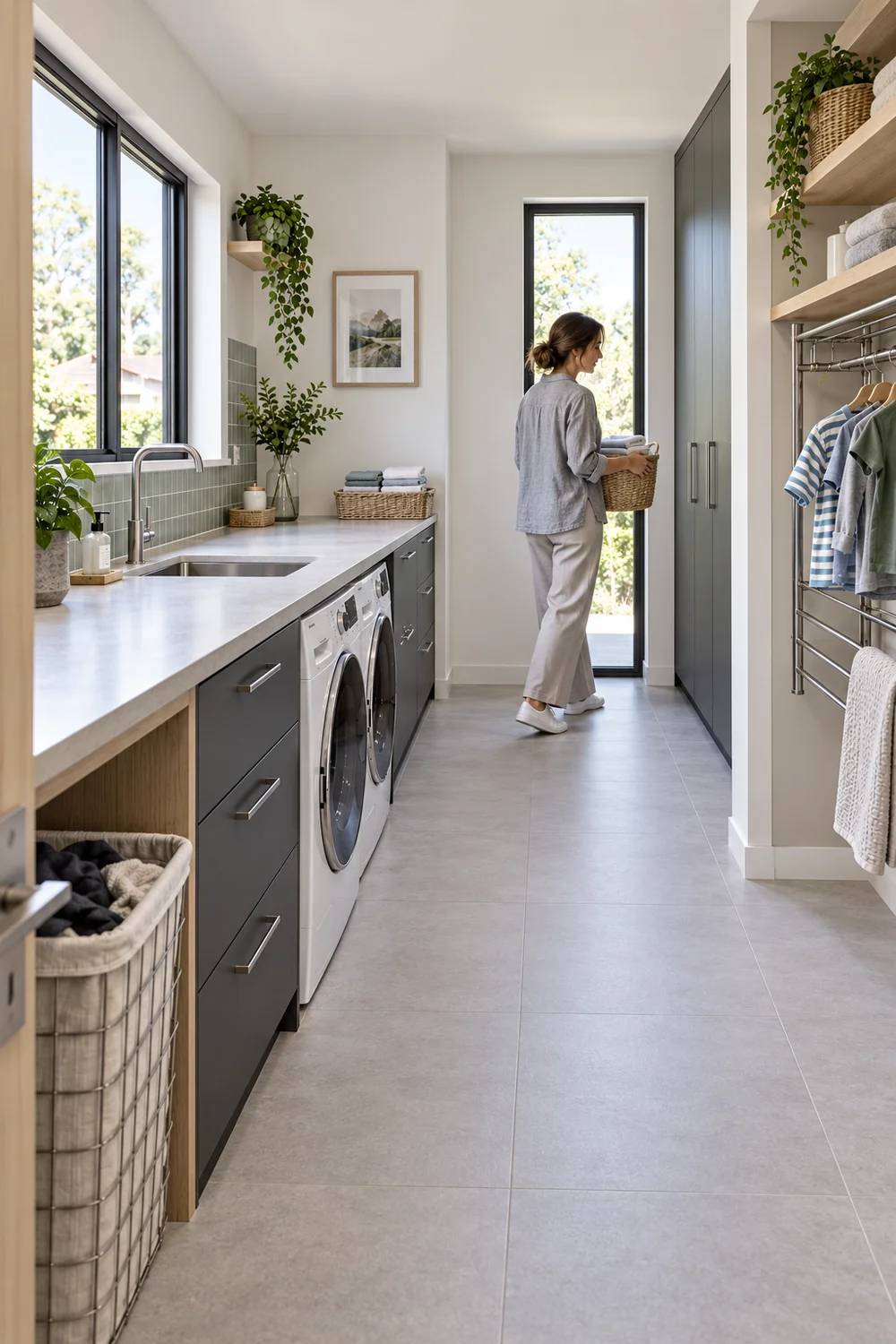 Caregiver carrying a clean basket beside drying clothes in a Japandi utility room