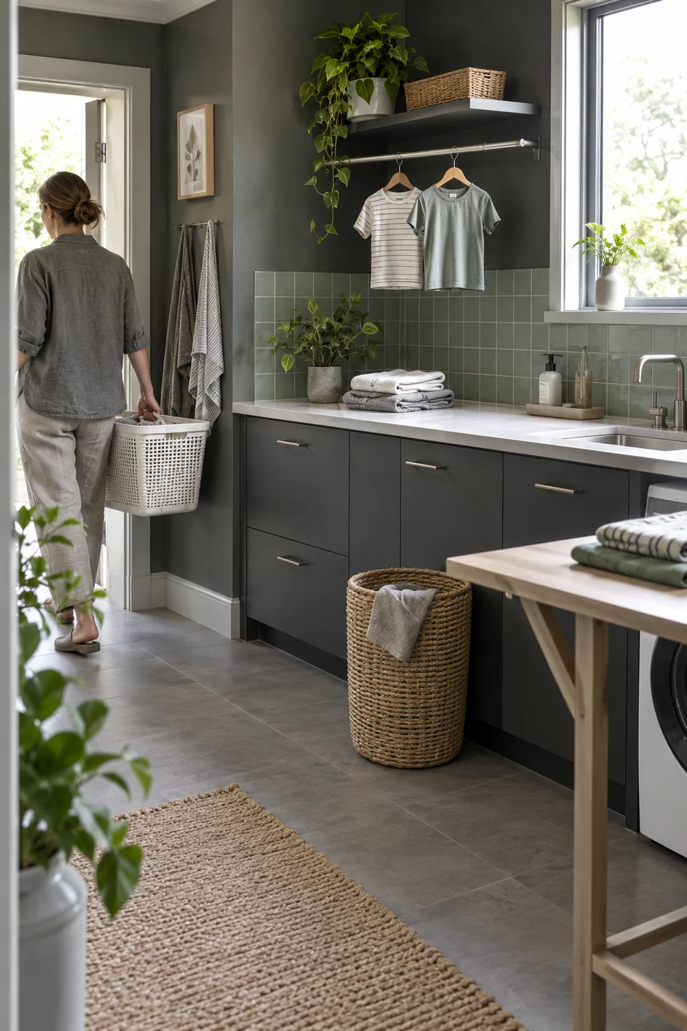 Caregiver carrying a clean basket from a Japandi utility room