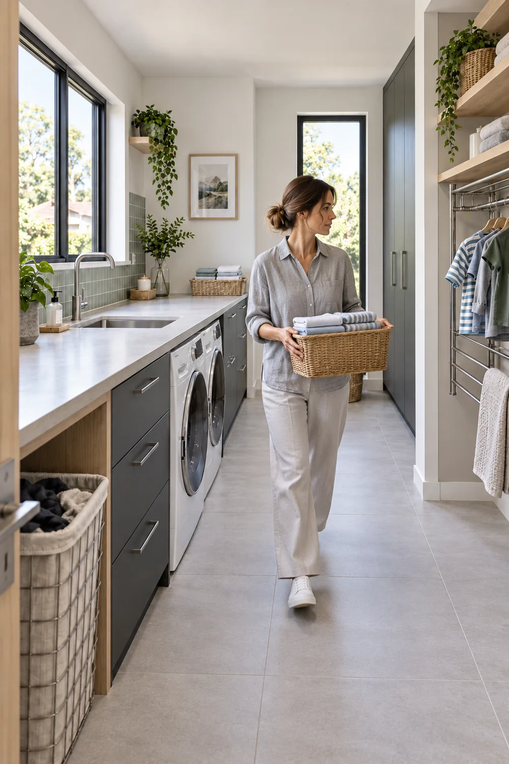 Caregiver carrying folded clothes toward the utility room doorway