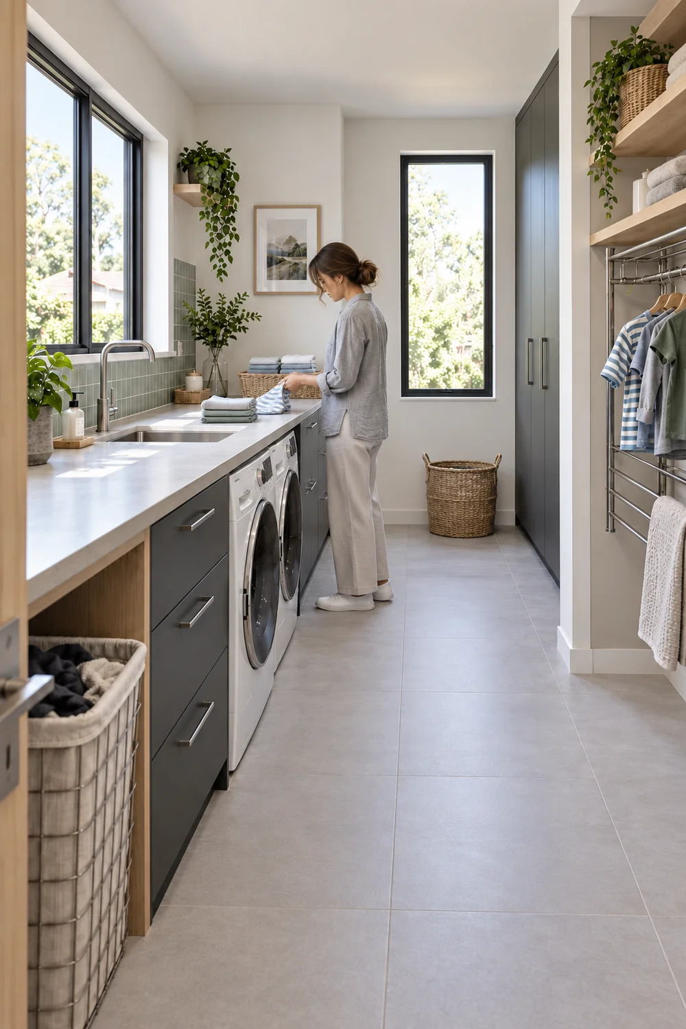 Caregiver folding small clothes at a pale Japandi utility counter
