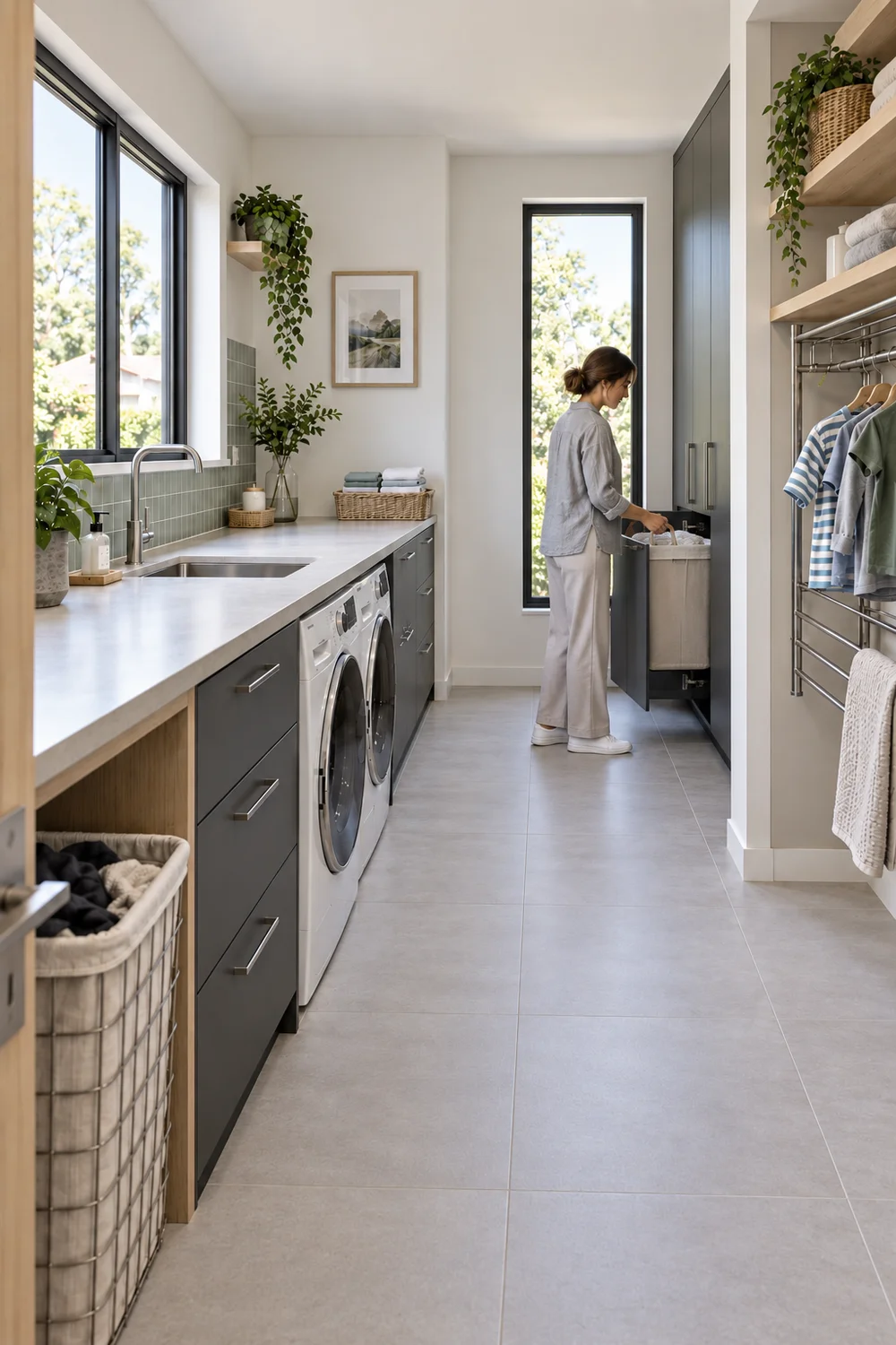 Caregiver lifting a laundry basket from a cupboard beside the folding counter