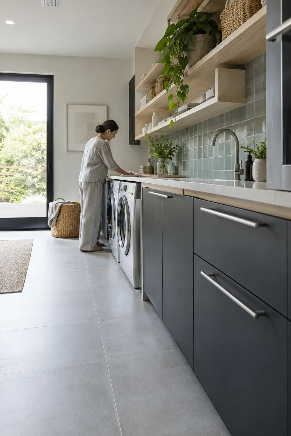 Caregiver wiping a pale folding counter beside charcoal laundry cabinets