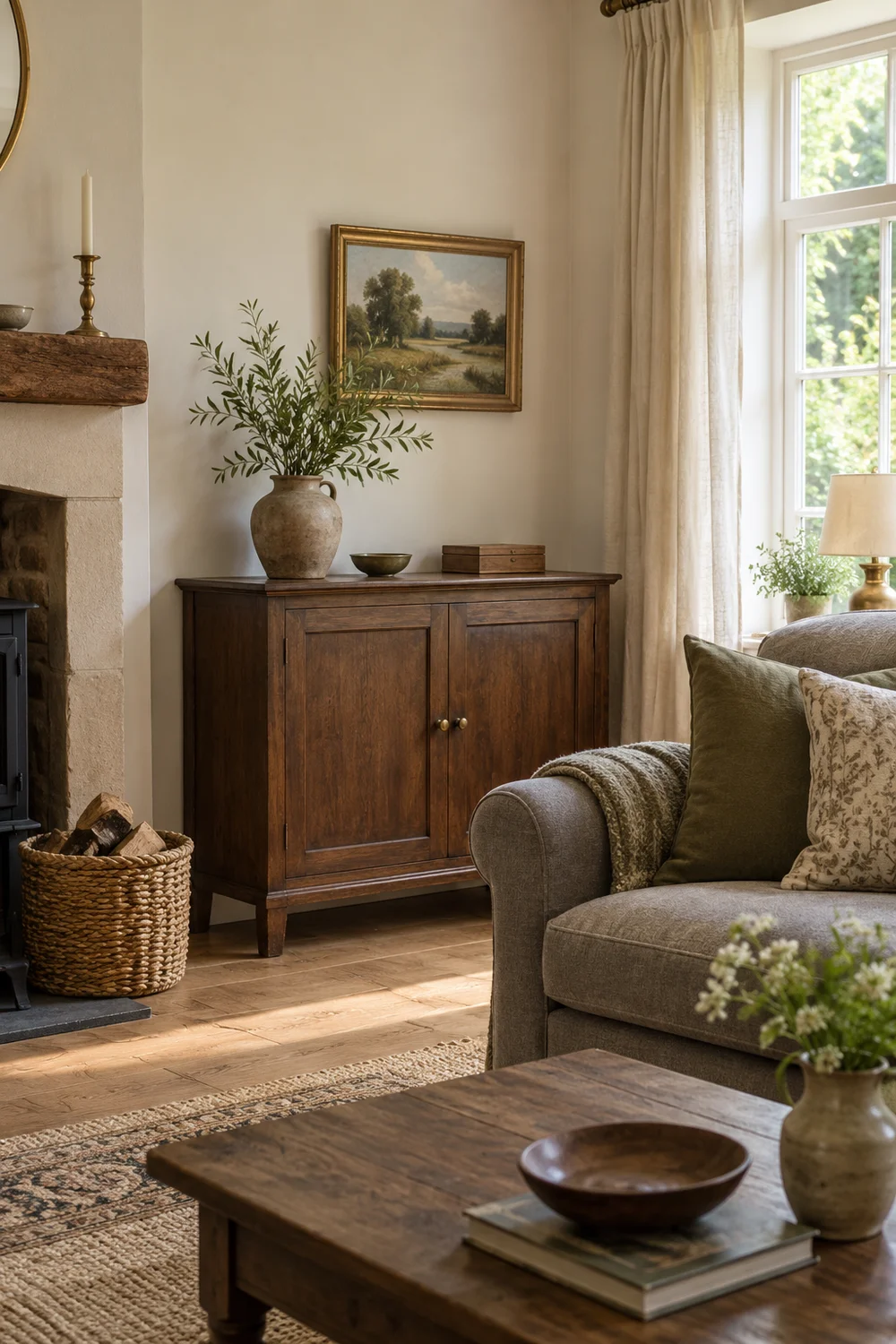 Ceramic vase and landscape artwork above a wooden cabinet