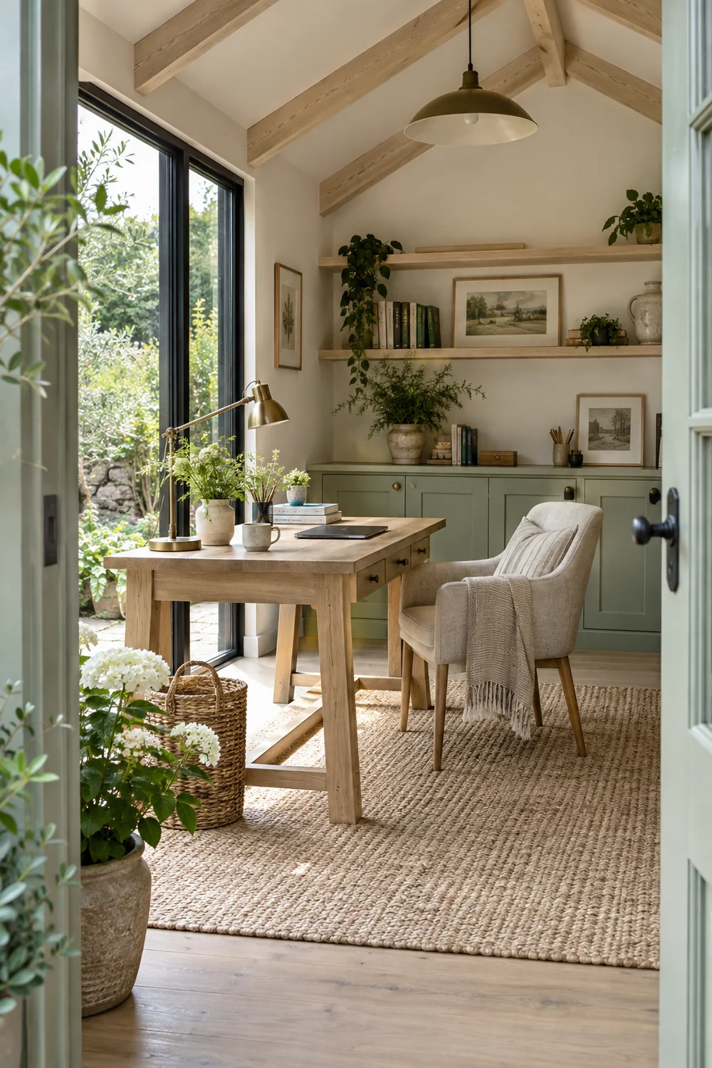 Chalk and pale timber garden office interior viewed from the doorway