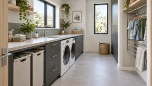 Charcoal laundry cabinetry with ash basket bays and a recessed drying rack