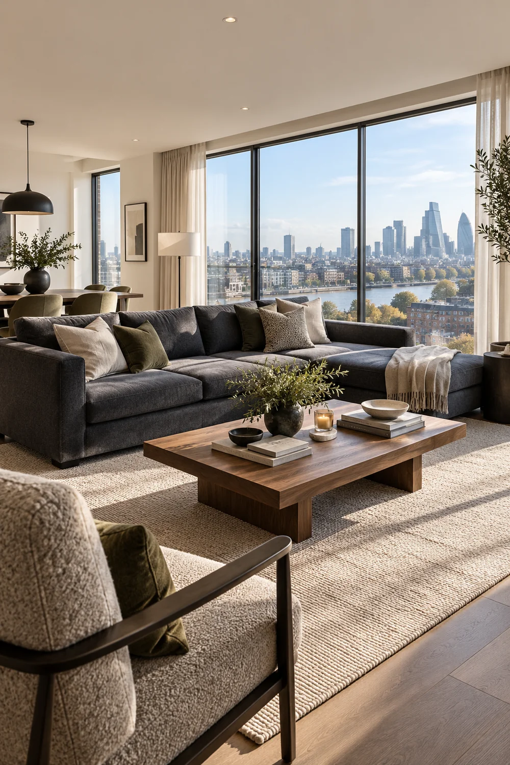Charcoal sofa beside large windows overlooking a city skyline