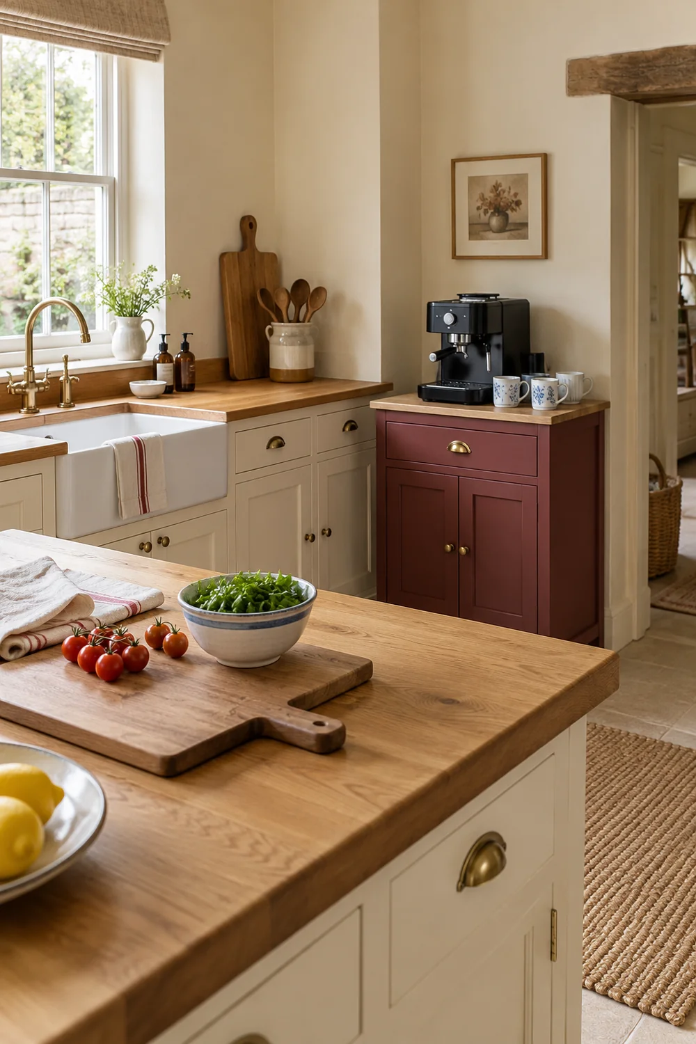 Chopping board and salad bowl on a kitchen island opposite a burgundy coffee cabinet