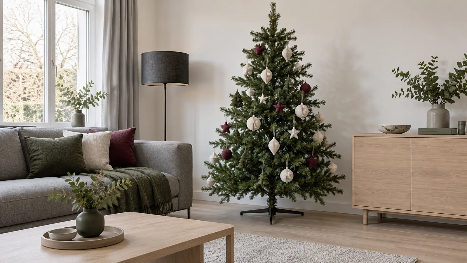 Christmas tree with a visible dark stand between grey seating and an ash cabinet