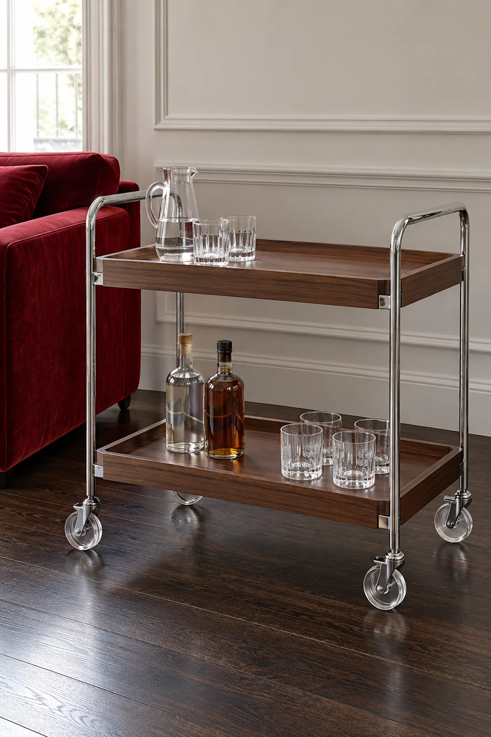 Chrome and walnut drinks trolley with caster wheels beside red velvet seating