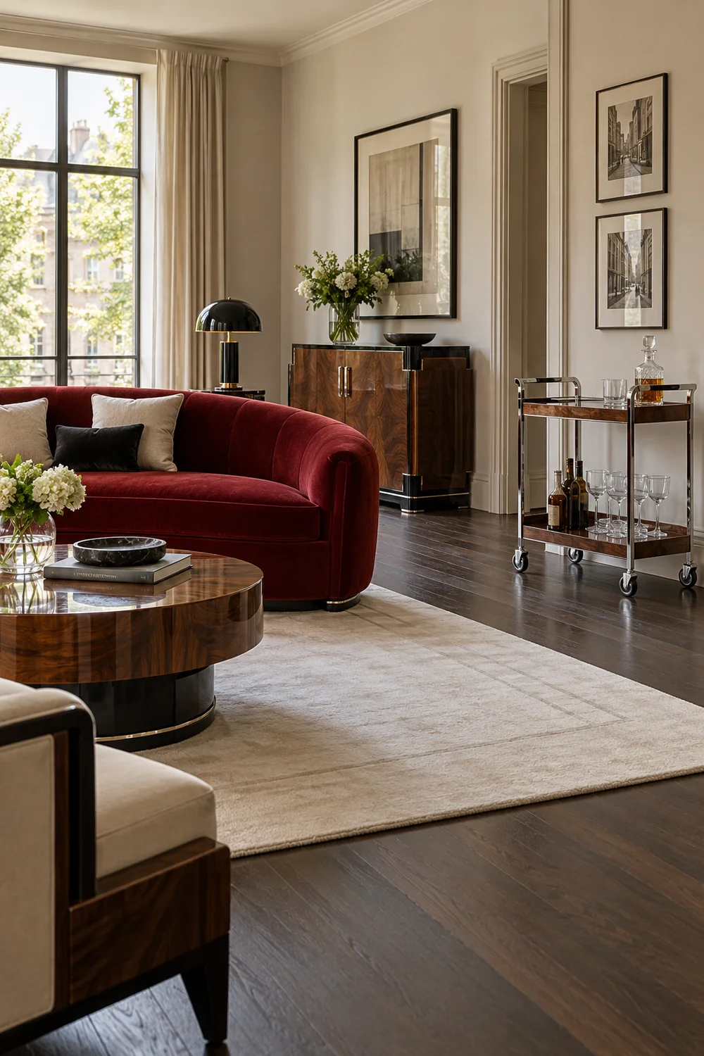 Chrome and walnut trolley with visible caster wheels beside red seating