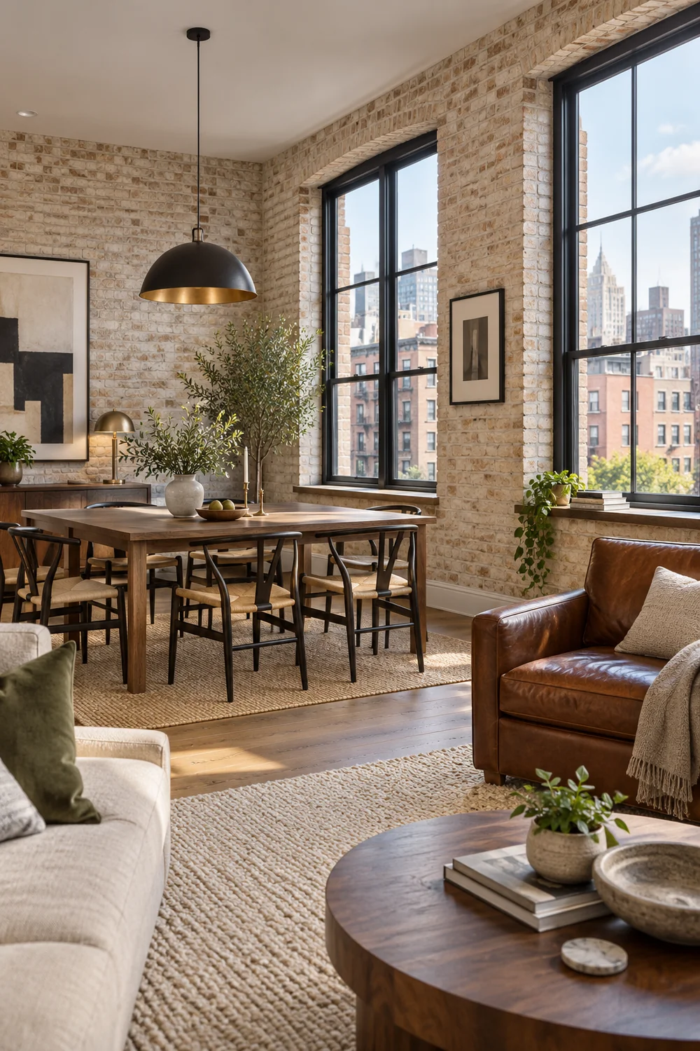 City apartment dining area with pale brick walls and black windows
