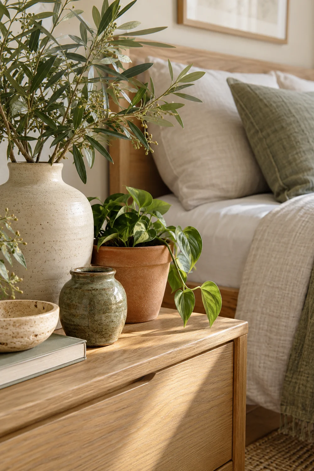 Clay and glazed vessels with trailing greenery beside sage bedroom linen