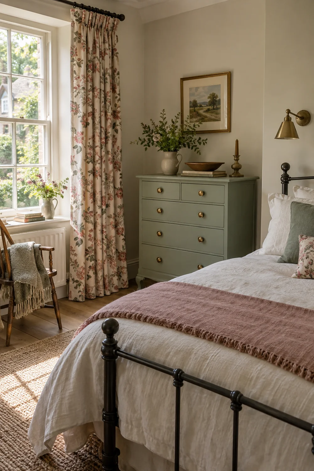 Clear daylight on sage painted chest, faded rose floral curtain and plain linen bed to show balanced colour distribution