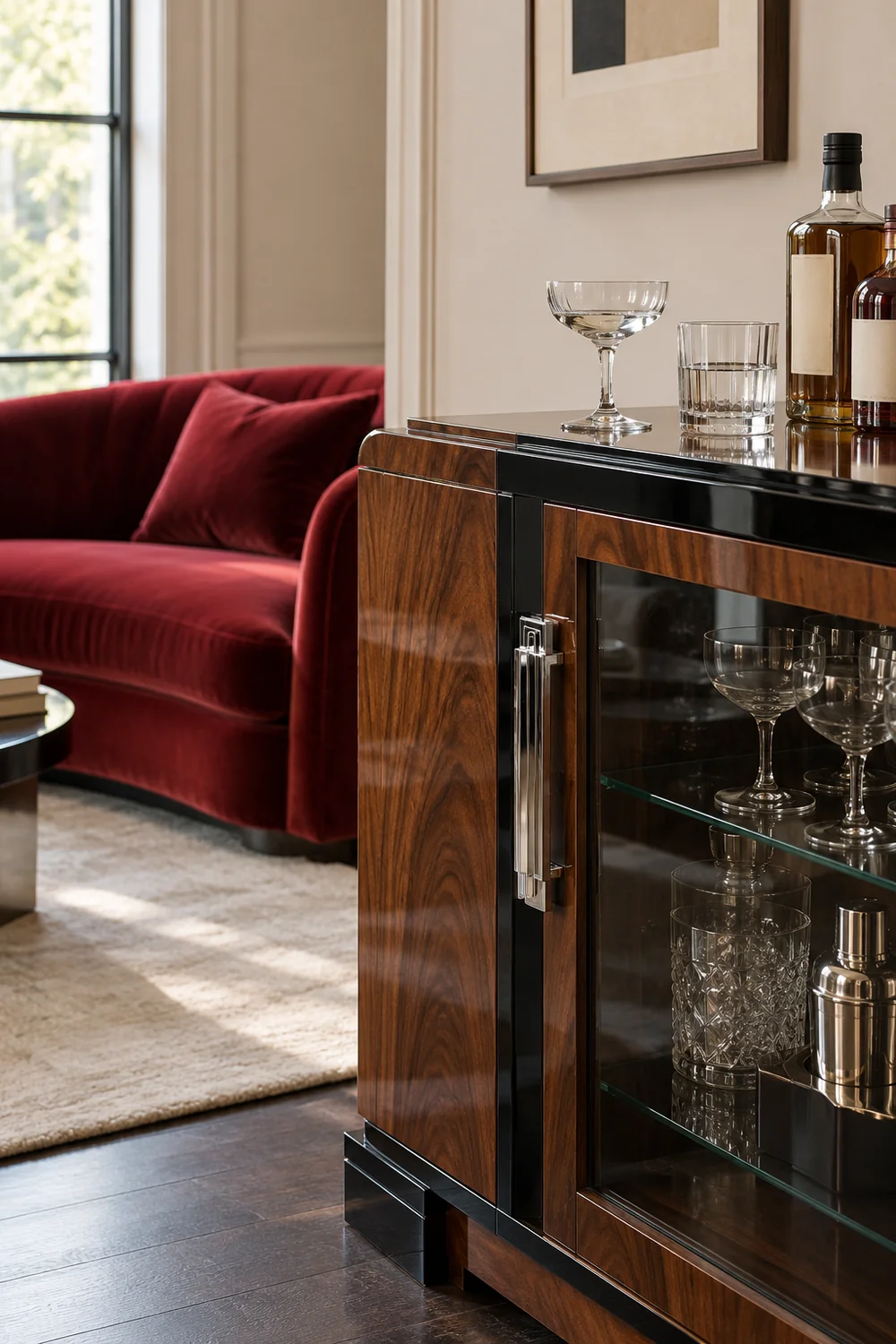 Clear glasses and chrome handles against walnut and black lacquer