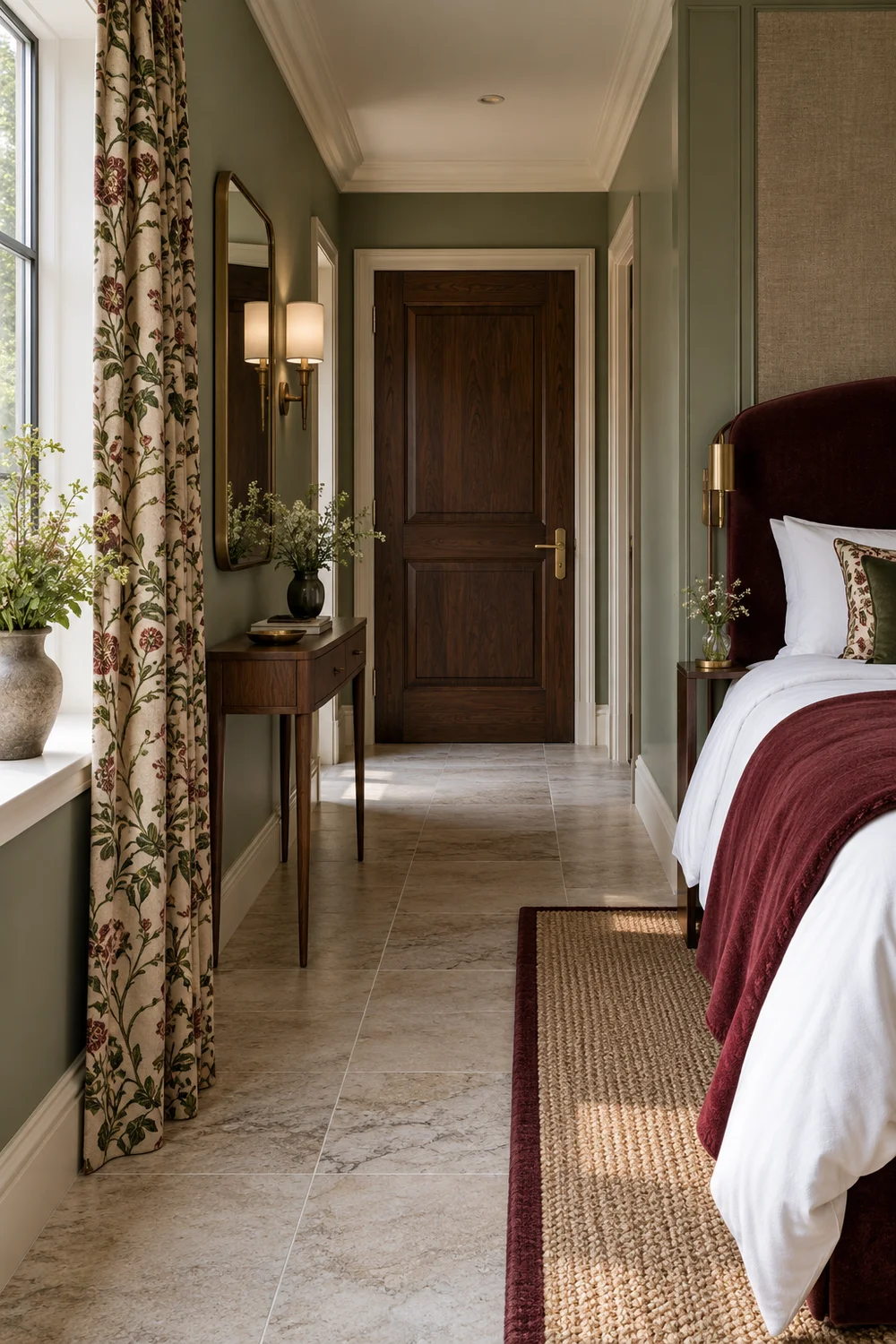 Clear hotel bedroom entrance beside a slim walnut console