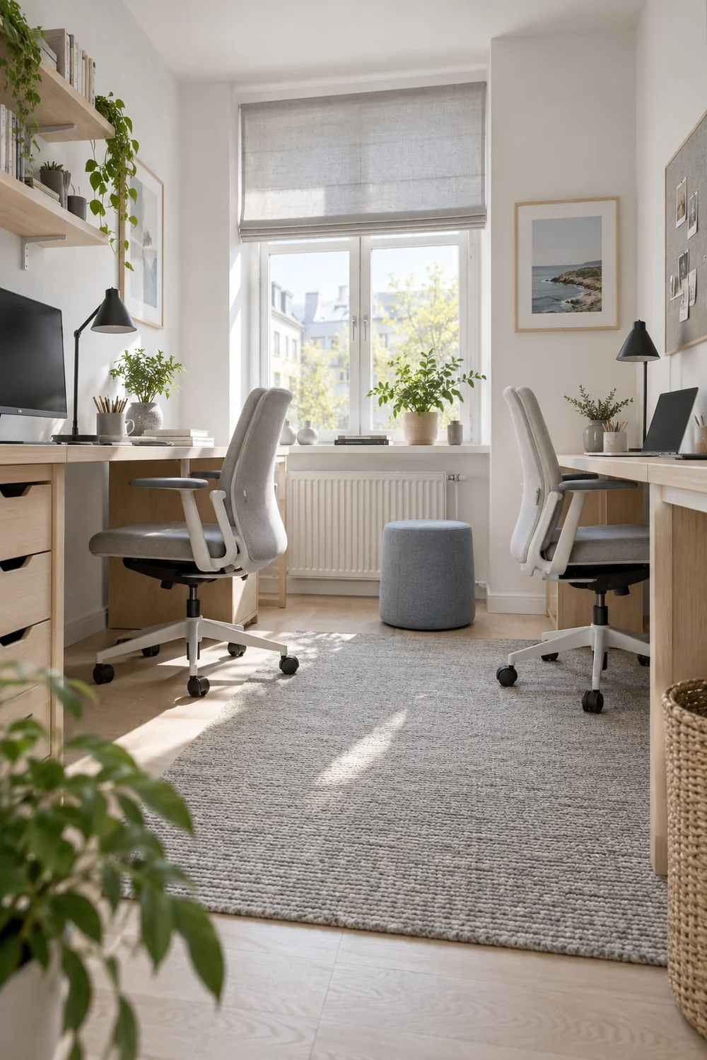 Clear leg space under two birch work desks and adjustable chairs