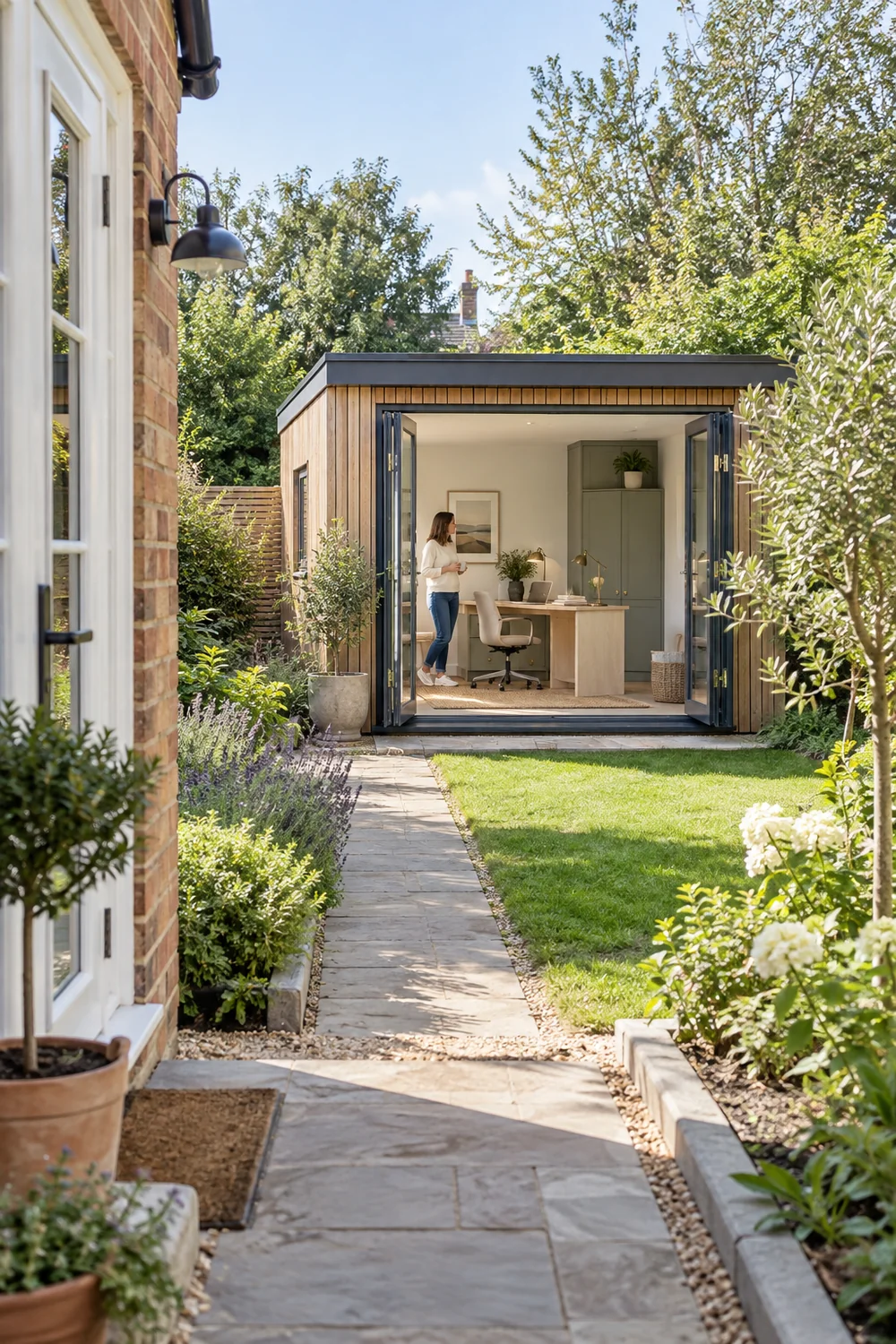 Clear stone path from the house to a garden office entrance