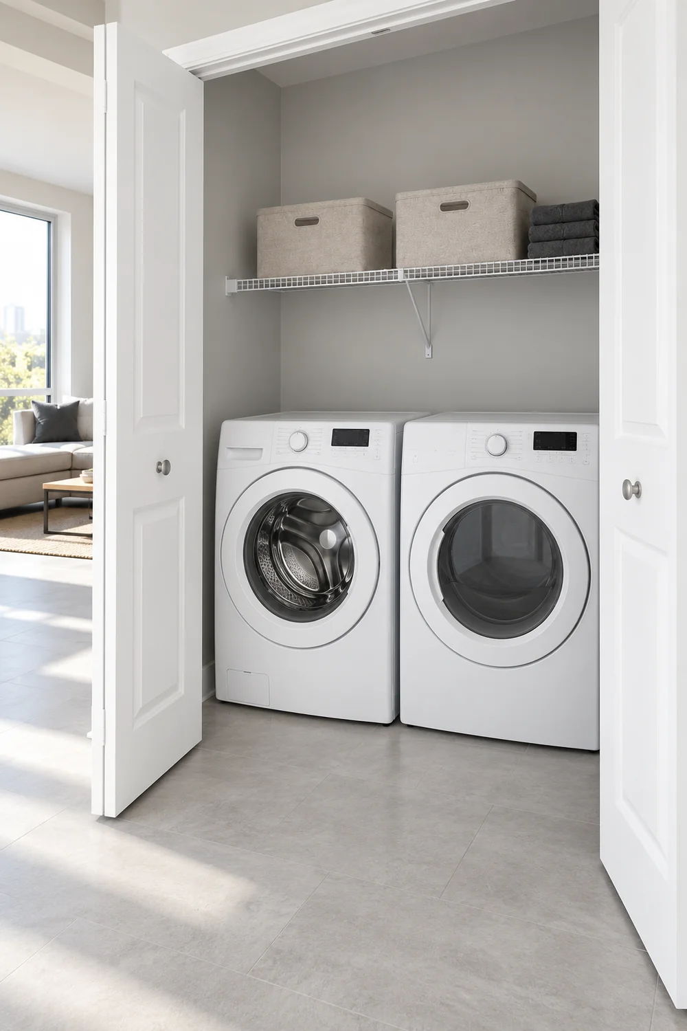 Clear tiled approach to an open grey laundry closet with white machines