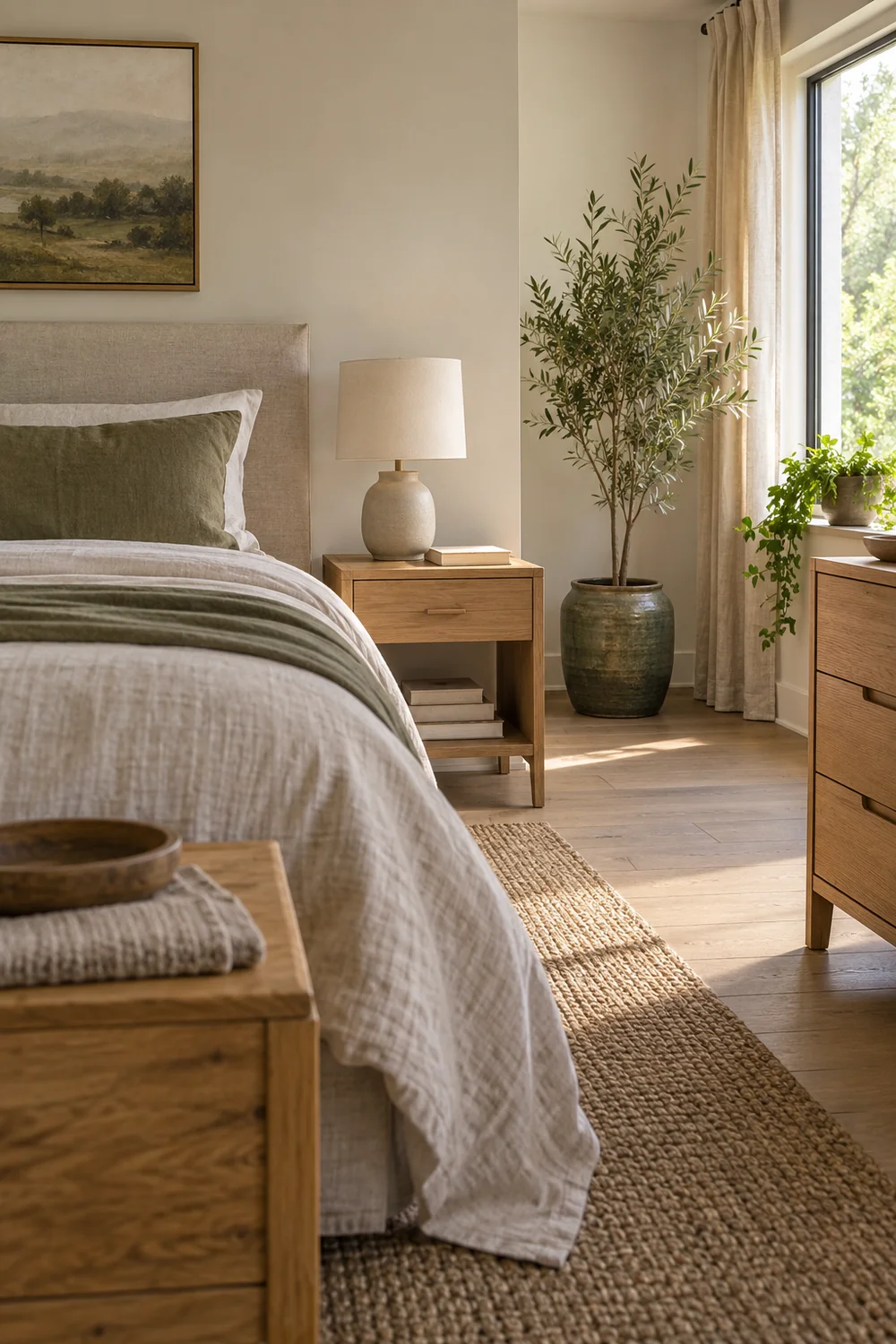 Clear timber bedside table beside an upright potted tree in an earthy bedroom