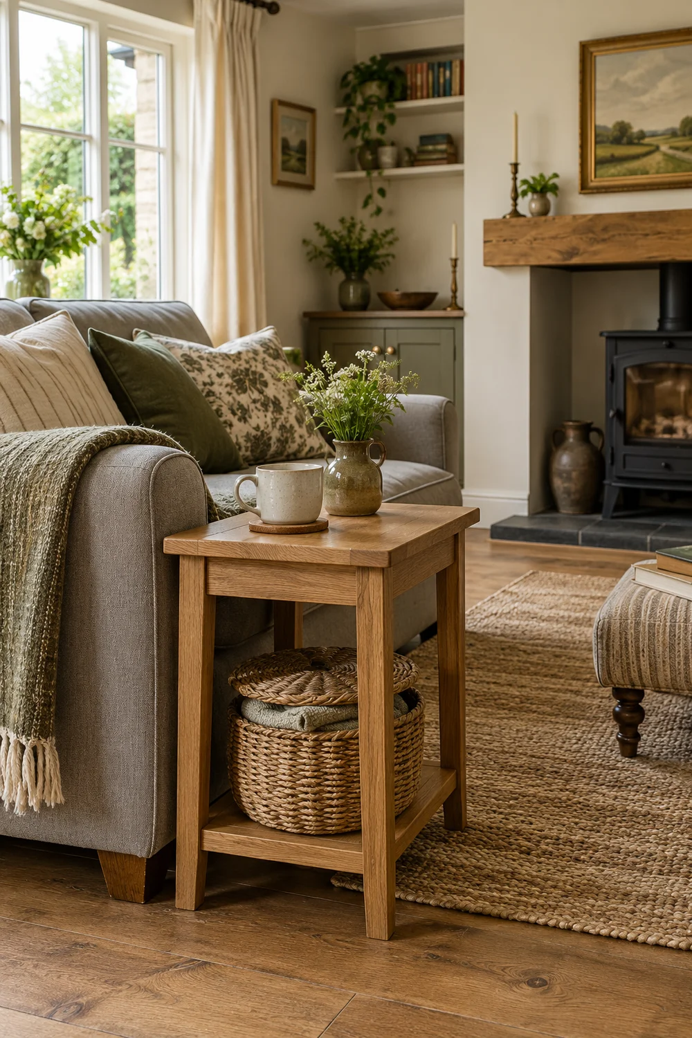 Cleared side table and woven storage basket beside cottage seating