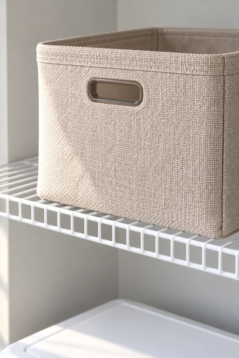 Close view of mushroom fabric container and handle resting on white wire shelving
