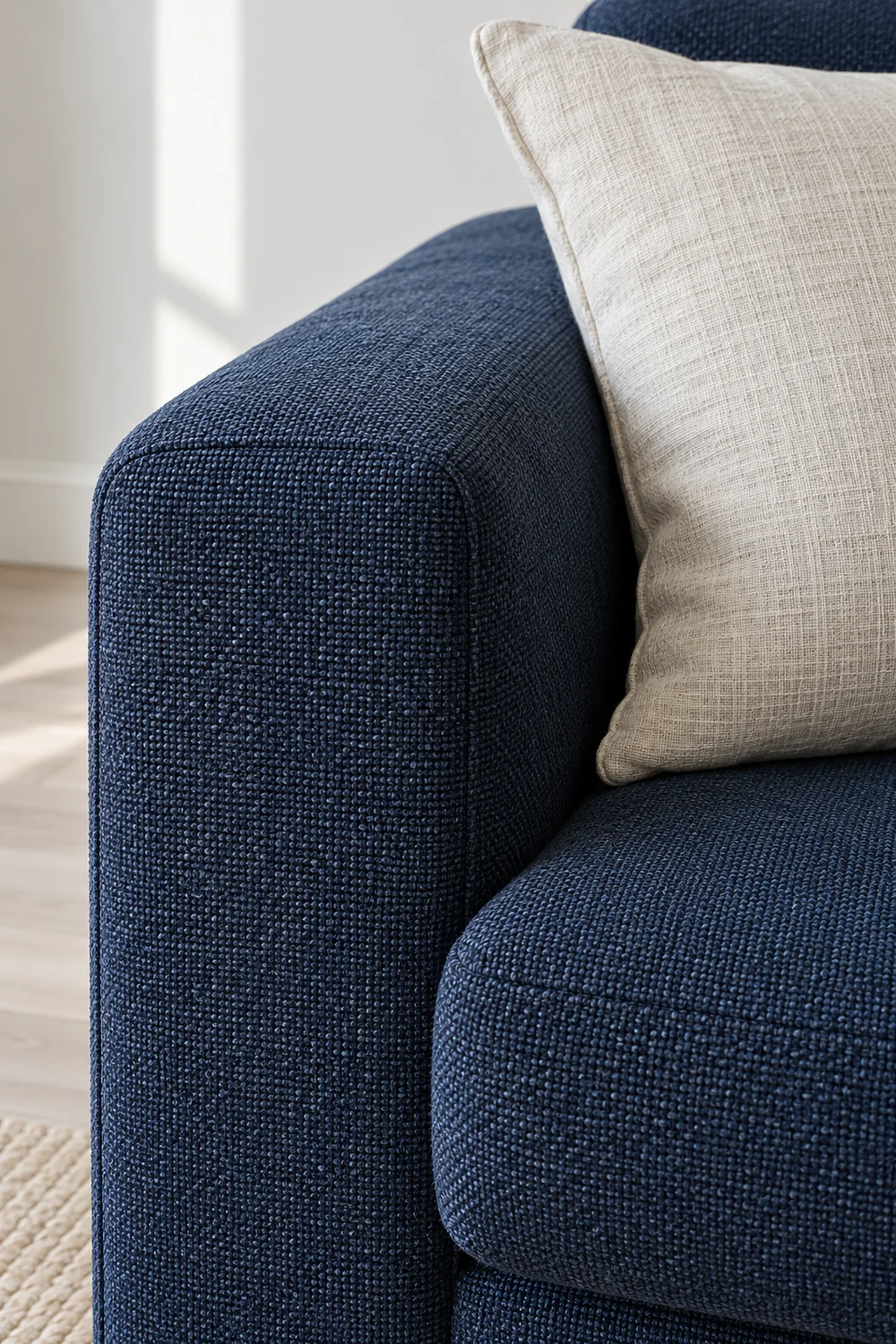 Close view of navy sofa fabric and a pale linen cushion