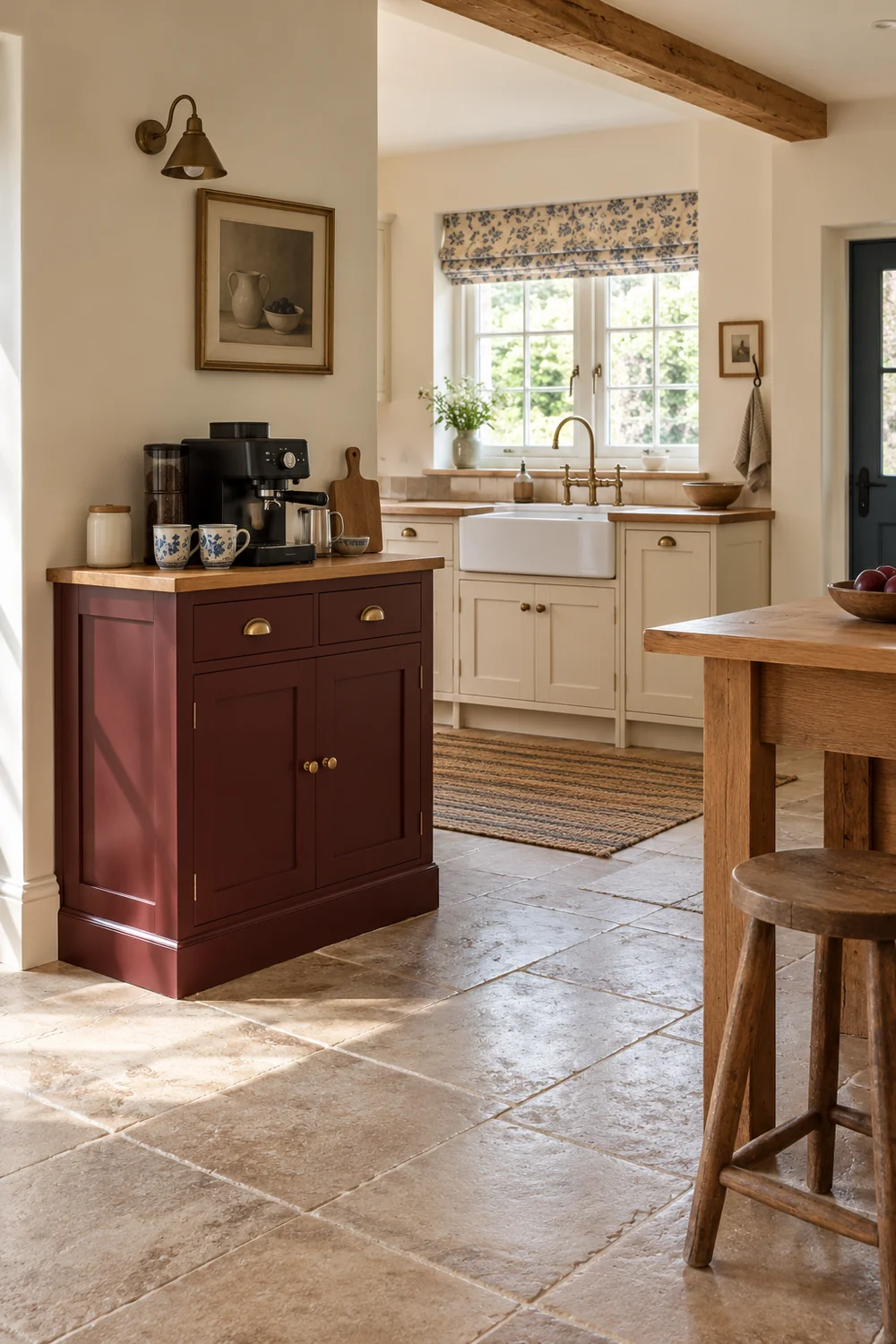Closed burgundy coffee cabinet beside a clear floor route to a cream kitchen sink