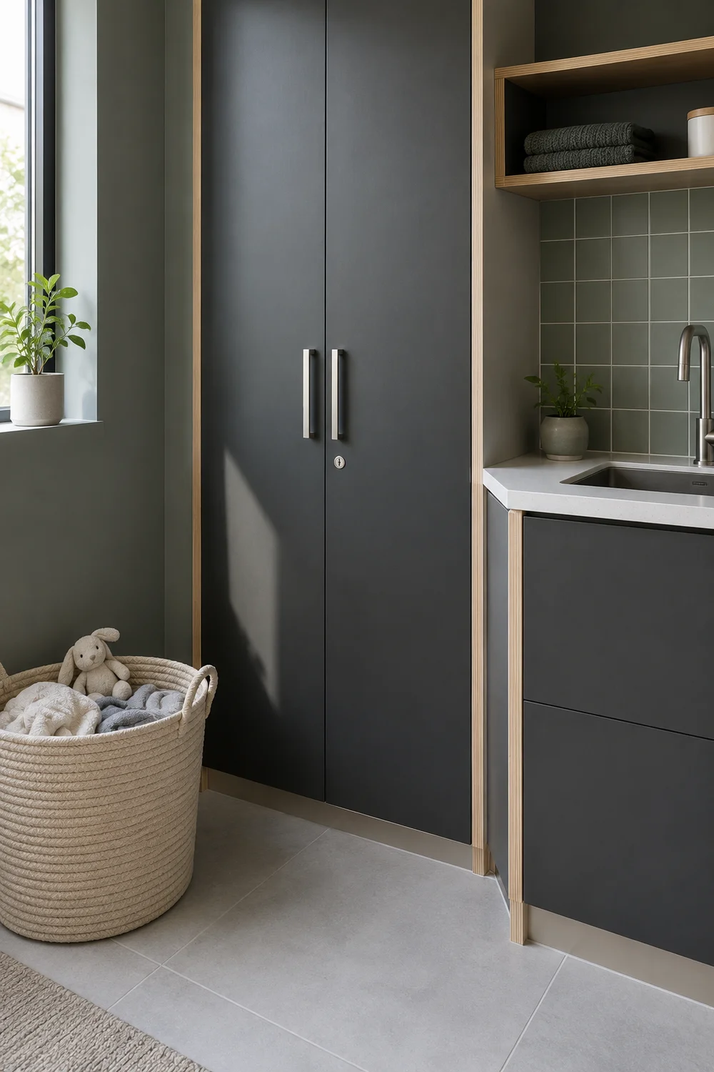 Closed charcoal supply cabinet with a discreet lock above a laundry basket